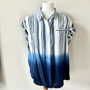 Blue Striped Tie Dye Collar Button Down Shirt Size Small